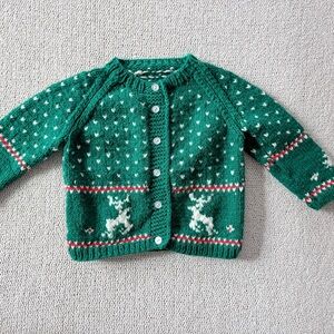 Festive Green Kids Cardigan with Reindeer Design vintage